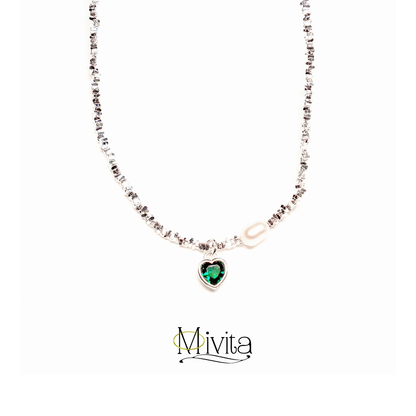 Moivita Emerald Green Zircon Heart-Shaped Silver Necklace Exquisite Elegance in Randomly-Cut Silver