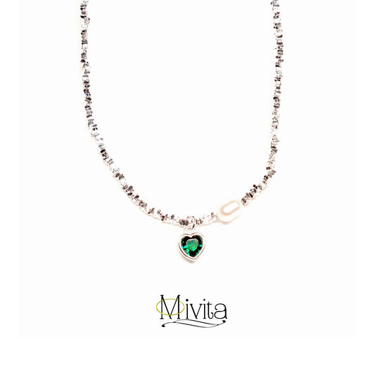 Moivita – collier en argent en forme de cœur avec Zircon vert émeraude, élégance exquise en argent coupé aléatoirement