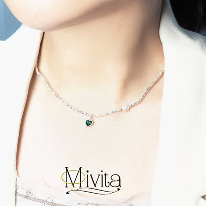 Moivita Emerald Green Zircon Heart-Shaped Silver Necklace Exquisite Elegance in Randomly-Cut Silver