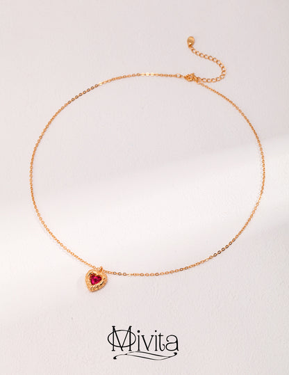 Moivita Heart-Shaped Stone Necklace - Sterling Silver with Red Corundum and White Zircon, Vintage Gold Color