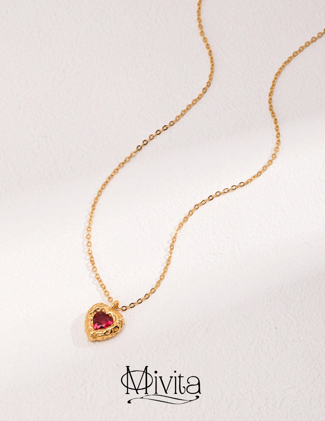 Moivita Heart-Shaped Stone Necklace - Sterling Silver with Red Corundum and White Zircon, Vintage Gold Color