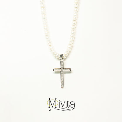 Moivita Nature Pearl Necklace with Silver Cross - A Symbol of Faith and Elegance