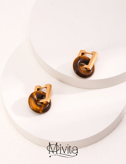 Moivita Natural Tiger's Eye and Sterling Silver Earrings in Vintage Gold with Versatile Wear