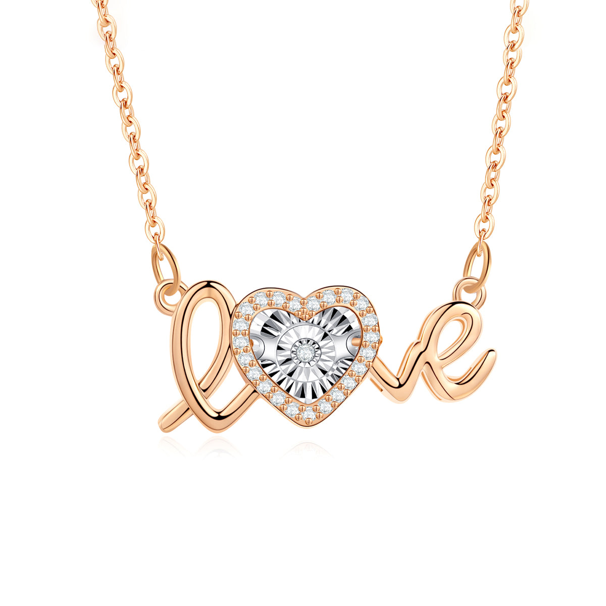 Moivita Love Letter with Dancing Diamond Floating in the Heart Shaped Center Pendant Necklace for Women Rose Gold Plated