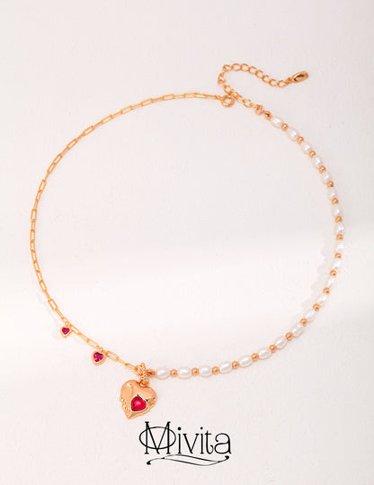 Moivita Natural Pearl and Red Corundum Necklace - Expression of Love and Style