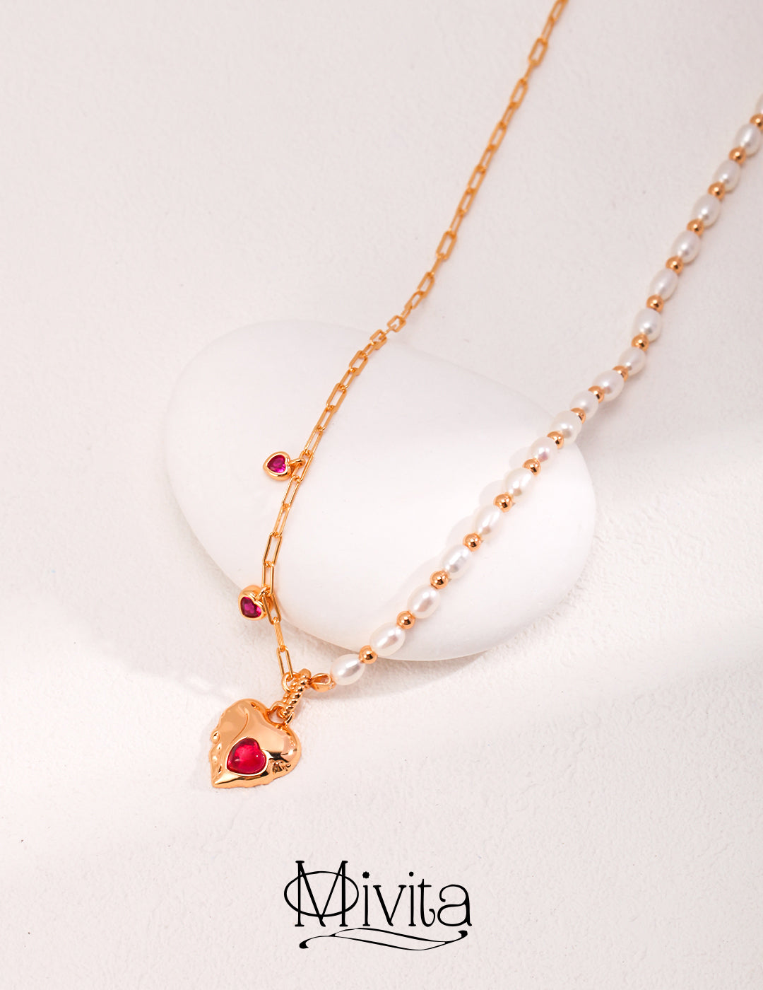 Moivita Natural Pearl and Red Corundum Necklace - Expression of Love and Style