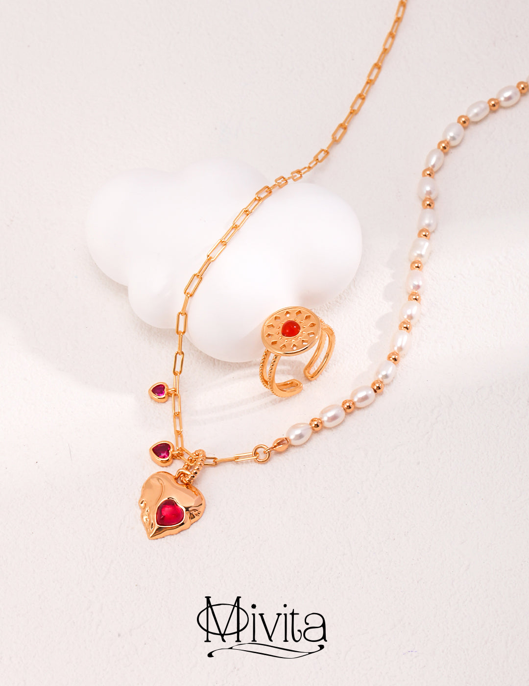 Moivita Natural Pearl and Red Corundum Necklace - Expression of Love and Style