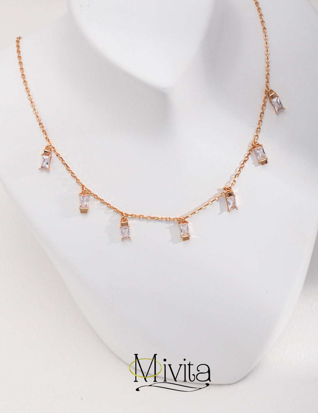 Moivita Sterling Silver Zircon Necklace - Seven Square Cut Zircon for Classic Elegance