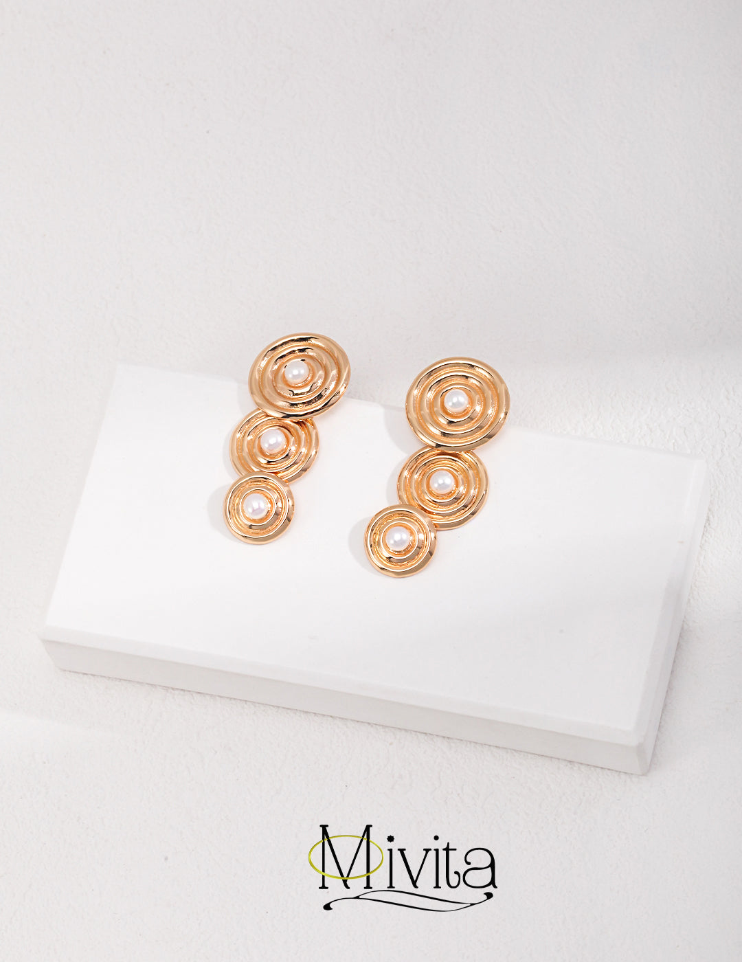 Moivita Sterling Silver Pearl Earrings - Three Stacked Circles for Elegant Simplicity