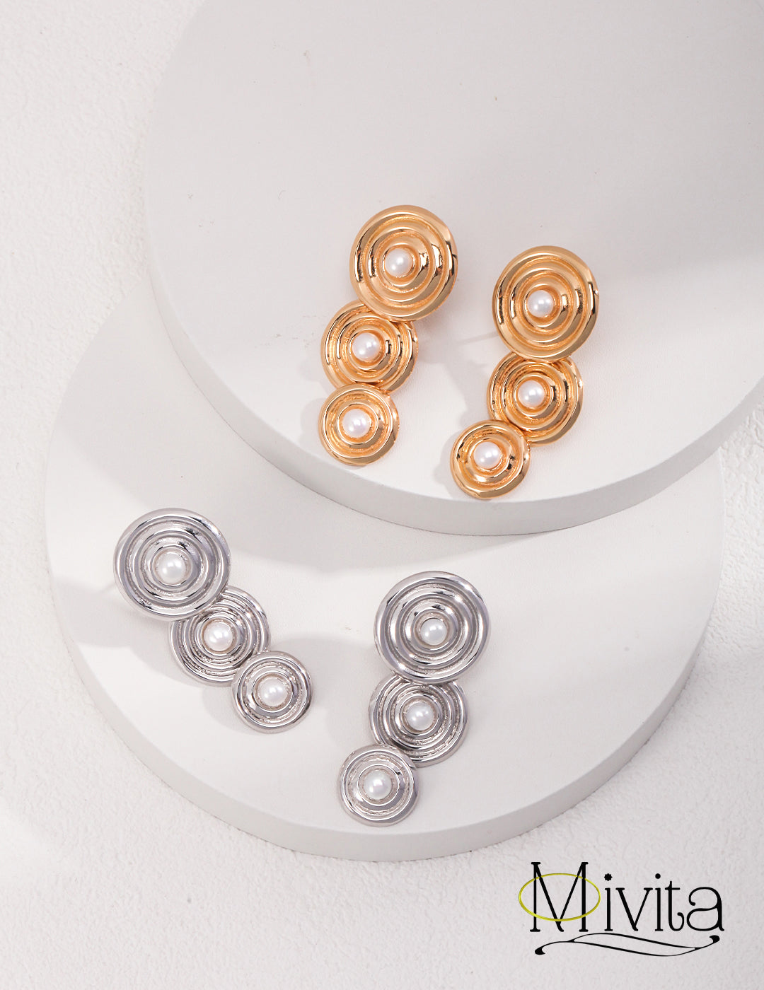 Moivita Sterling Silver Pearl Earrings - Three Stacked Circles for Elegant Simplicity