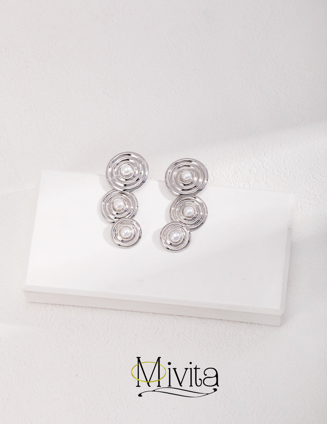 Moivita Sterling Silver Pearl Earrings - Three Stacked Circles for Elegant Simplicity