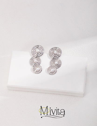 Moivita Sterling Silver Pearl Earrings - Three Stacked Circles for Elegant Simplicity