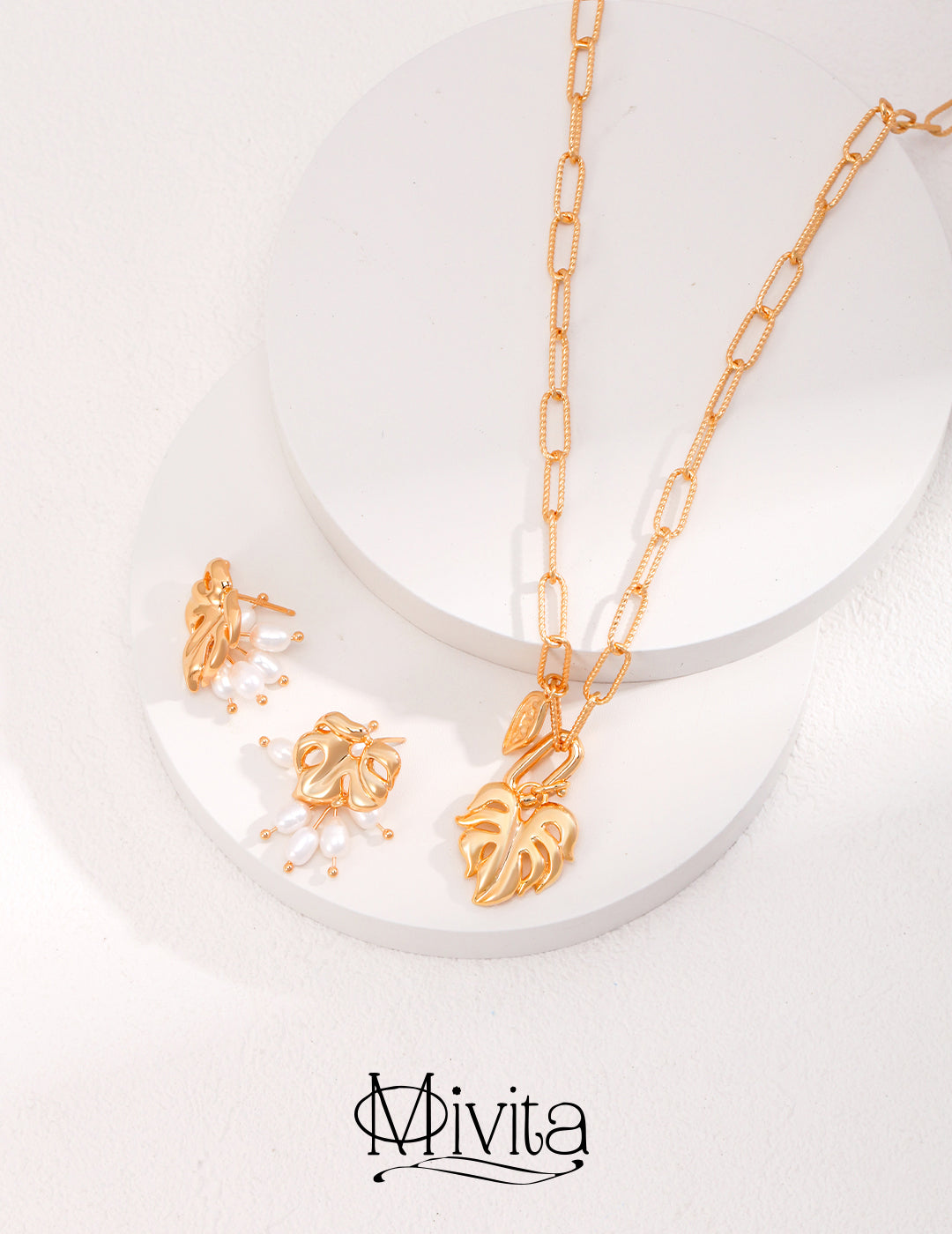 Moivita Versatile Leaf Design Necklace with Detachable Large Leaf Pendant and Matching Earrings