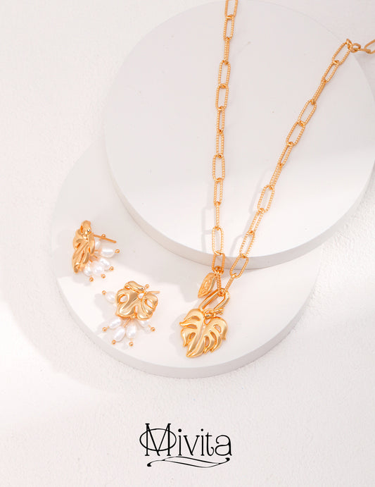 Moivita Versatile Leaf Design Necklace with Detachable Large Leaf Pendant and Matching Earrings