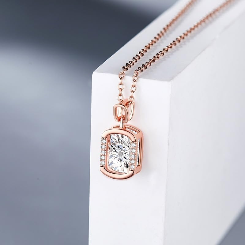 Moivita Kaylee Rectangle Shaped Pendant Necklace with Dancing Diamond for Women, Rose Gold Plated Brass, Stainless Steel, Diamond Pendant Necklace with Cubic Zirconia