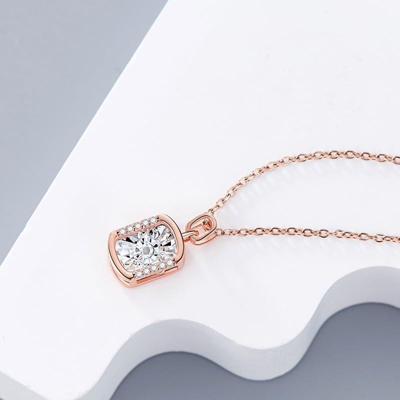 Moivita Kaylee Rectangle Shaped Pendant Necklace with Dancing Diamond for Women, Rose Gold Plated Brass, Stainless Steel, Diamond Pendant Necklace with Cubic Zirconia