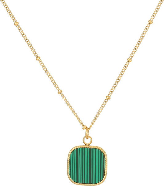 Moivita Malachite Square Pendant Necklace - Elegant 18K Gold Plated Stainless Steel Jewelry for Women