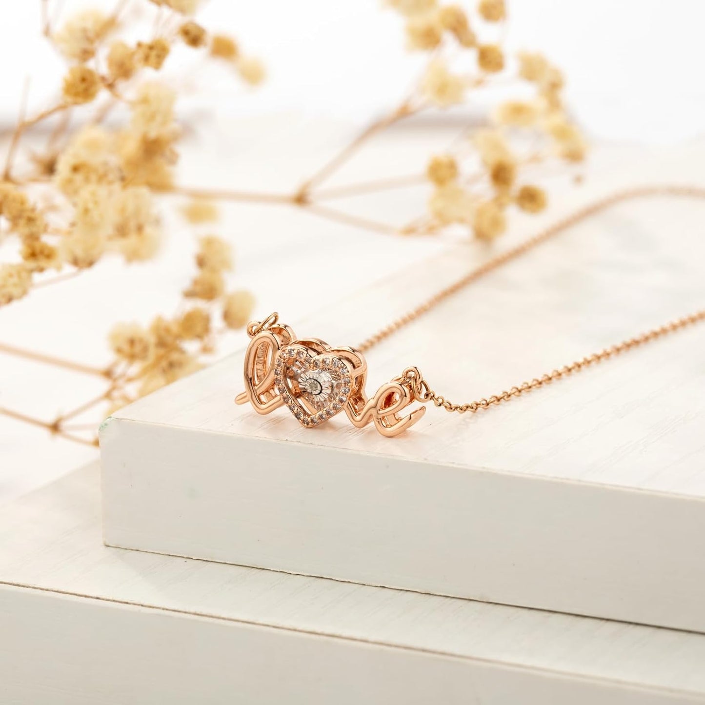 Moivita Love Letter with Dancing Diamond Floating in the Heart Shaped Center Pendant Necklace for Women Rose Gold Plated