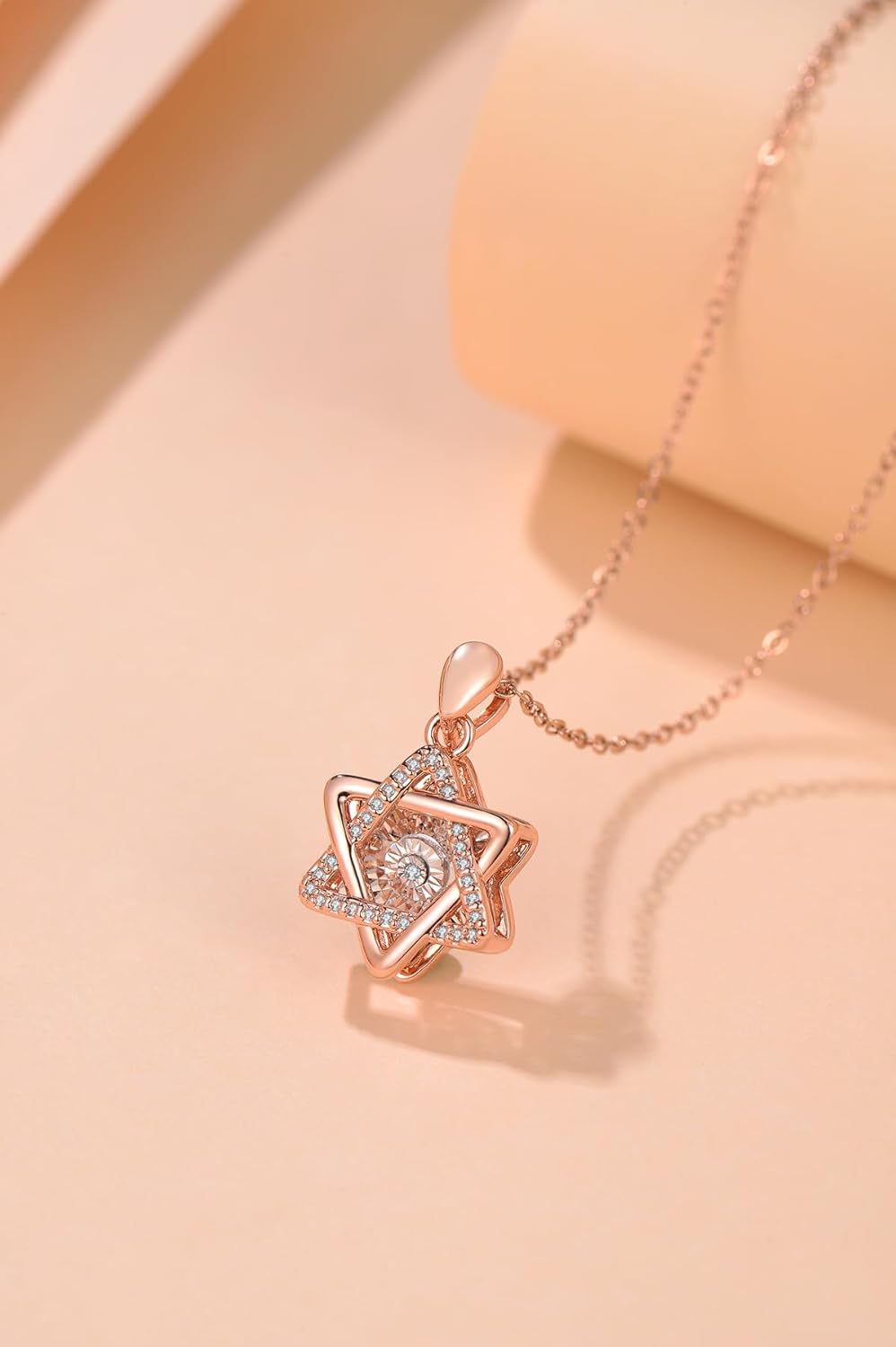 Moivita Hexagram Dancing Diamond Pendant Necklace for Women, Rose Gold Plated brass and stainless steel Star of David Pendant Necklace with floating diamond