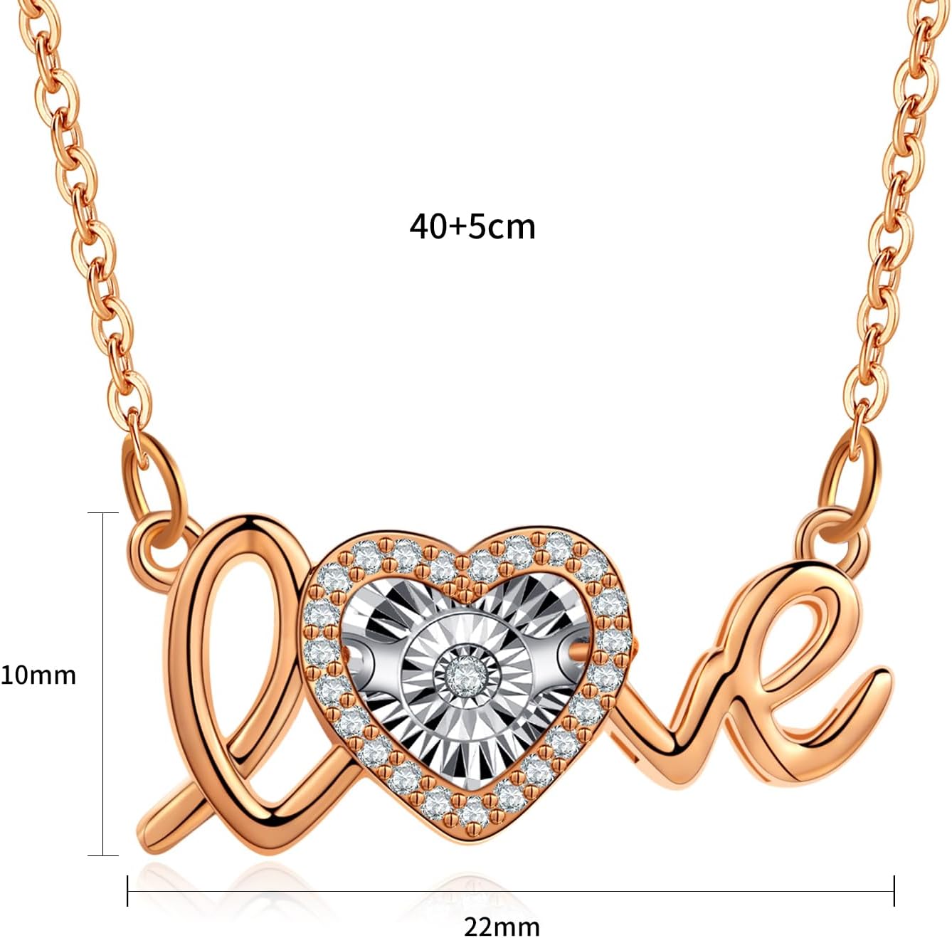 Moivita Love Letter with Dancing Diamond Floating in the Heart Shaped Center Pendant Necklace for Women Rose Gold Plated