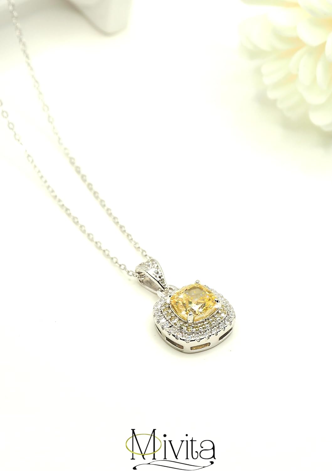 Moivita Moissanite Yellow Square Cut Diamond Necklace with Cubic Zirconia, 18" Length