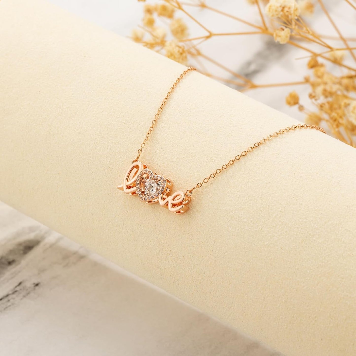 Moivita Love Letter with Dancing Diamond Floating in the Heart Shaped Center Pendant Necklace for Women Rose Gold Plated